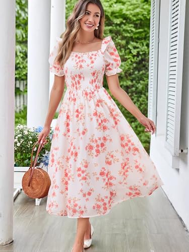 Image of Scarlet Darkness Floral Dress for Women Summer Puff Sleeve Square Neck A Line Flowy Wedding Guest Tea Party Dresses