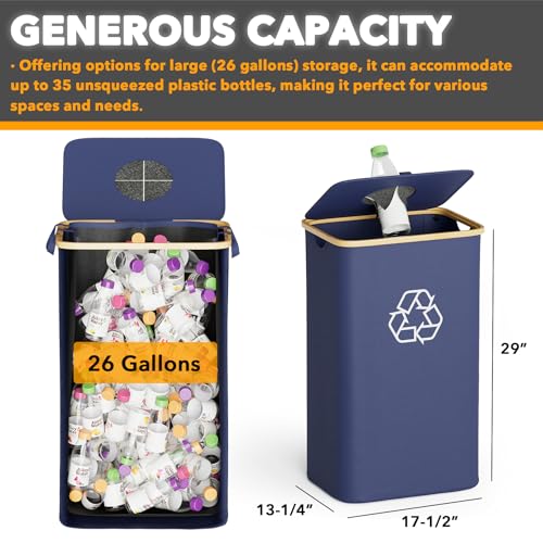 SpaceAid 100L Pfandflaschen Sammelbehälter, Pfandsammler Organizer mit Deckel und 2 wiederverwendbaren Innensäcken, für Flaschendose, Glas, Kunststoffaufkleber, ​​Blau