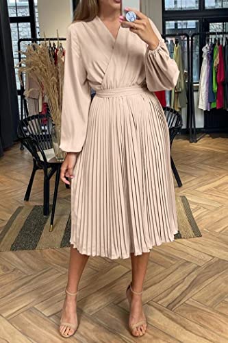 Prettygarden Women's Fall Midi Dress Long Puff Sleeve Wrap V Neck Flowy Ruffle Pleated Casual Dresses (Apricot,Large) #TOP6