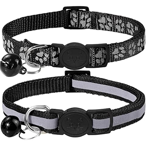 Taglory Reflektierend Katzenhalsband mit Sicherheitsverschluss und Glöckchen, 2-Stück Verstellbar Halsband Katze Kitten, 15-20cm Schwarz Cover