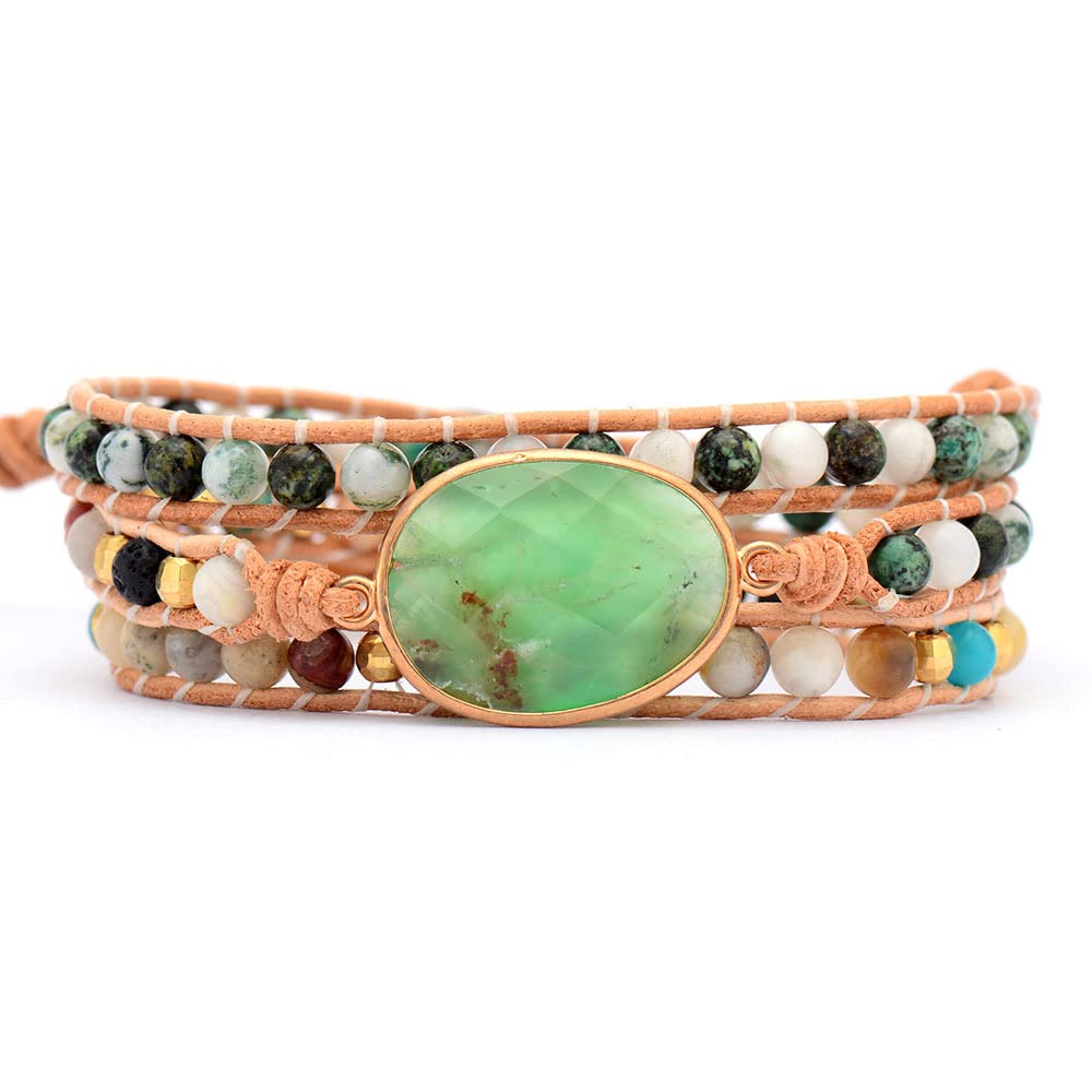 Bracciale Tessuto,Braccialetti Con Perline Intrecciate Avvolgenti A Tre Strati, Bracciali Boho Regolabili Per Donna, Gioielli Con Bracciale Pendente In Cristallo Di Agata Verde Naturale Per Uomo Don