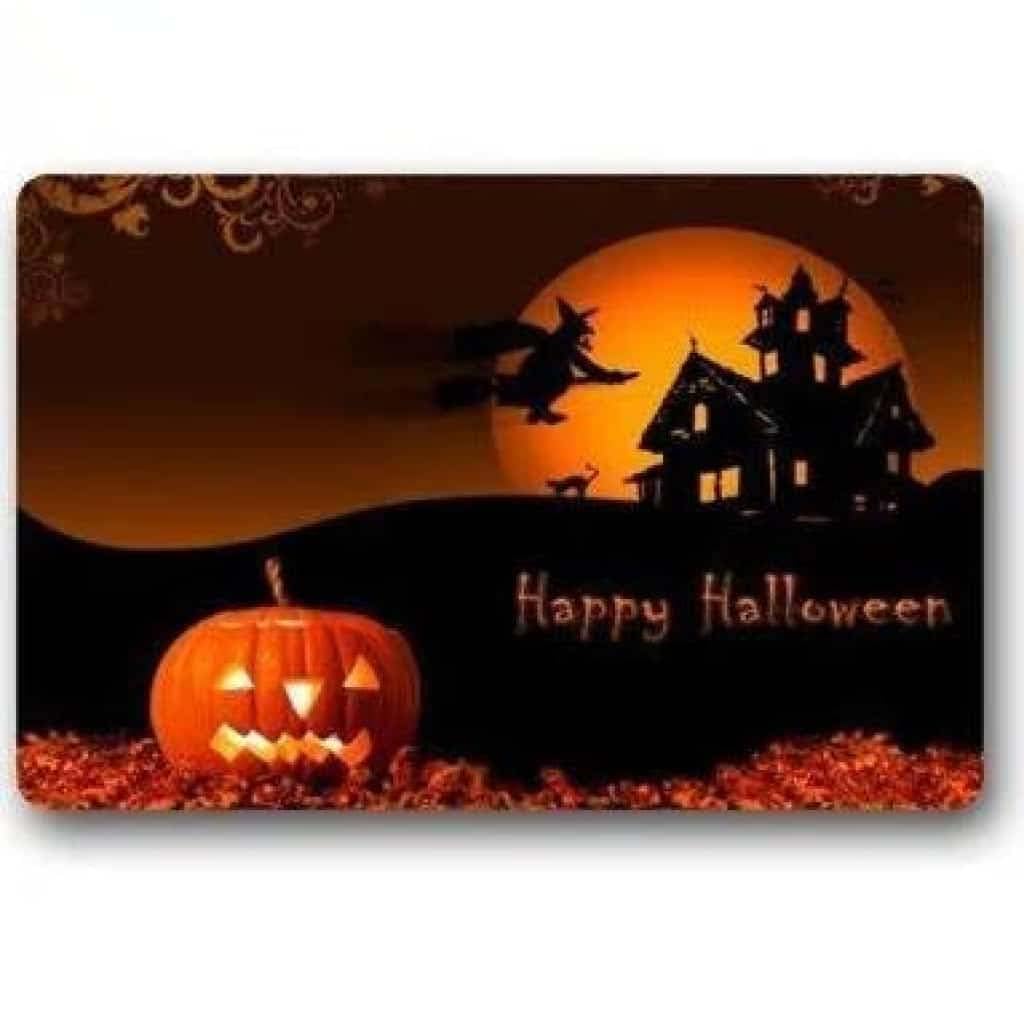 Paillasson extérieur d'Halloween Joyeux Halloween citrouille sorcière maison lune