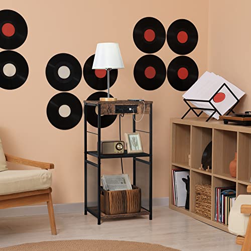 Vinyl Record Stand Record Player Table with Charging Station Turntable Stand with Record Storage Brown Vinyl Record Display Stand with USB Ports End Table with Power Outlets, Farmhouse