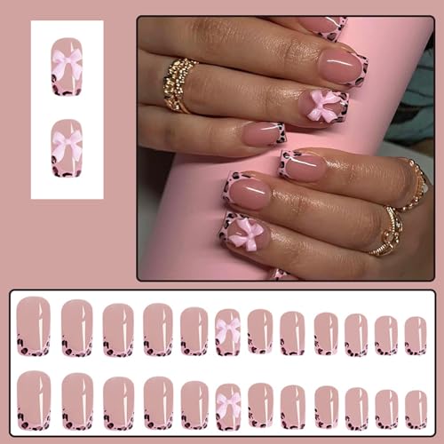 Leopard Print French Tip Press on Nails Square Short Fake Nails with Pink Bow Rhinestones Design Pink Full Cover False Nails s Ballerina Stick on Nails Acrylic Artificial Nails for Women Girls 24Pcs image 5