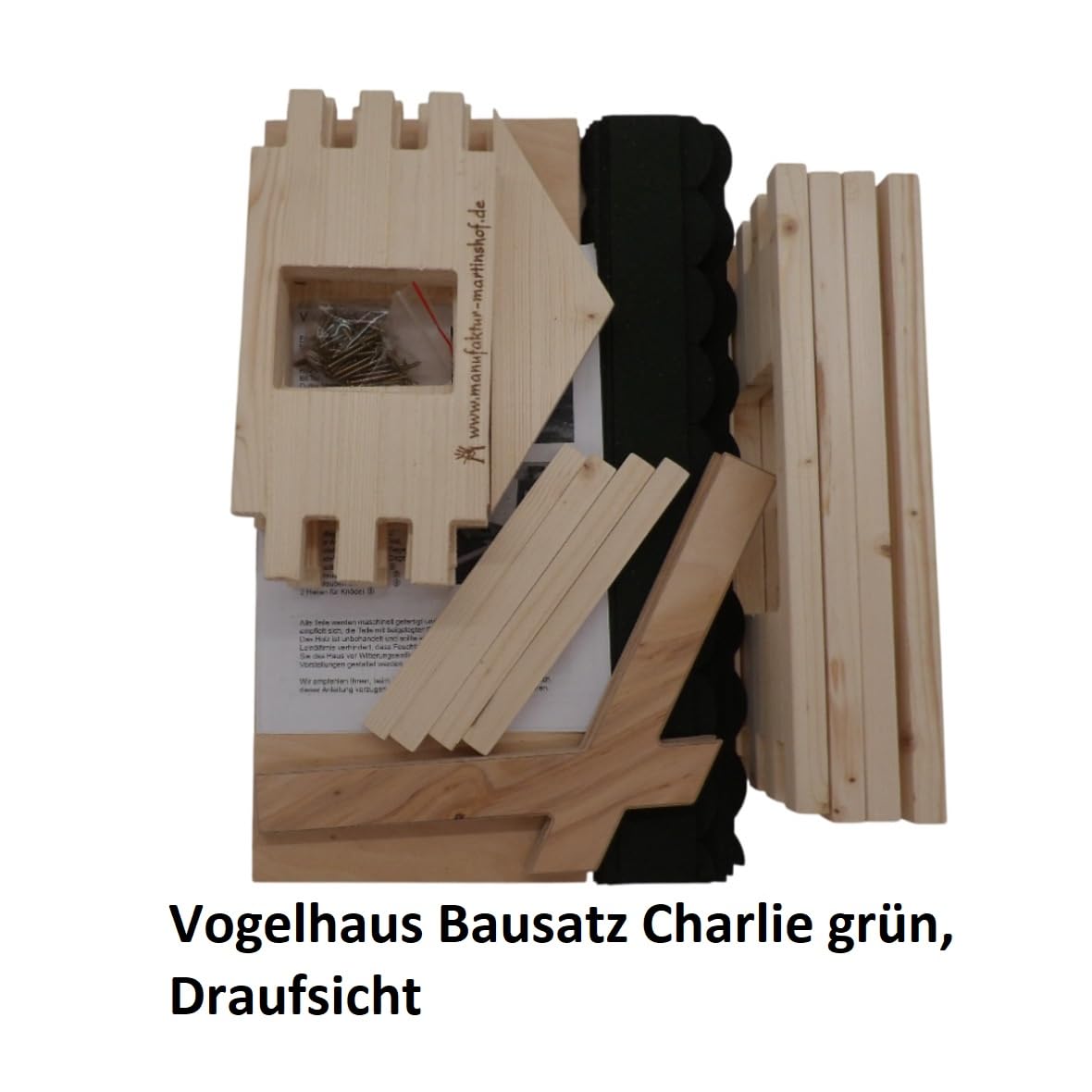 Vogelhaus Bausatz Charlie grün Manufaktur Martinshof L: 47 cm B: 38,5 cm H: 43 cm Material: unbehandeltes Fichtenholz Futterhaus Garten Holz Hochzeit Geschenk Terrasse Balkon