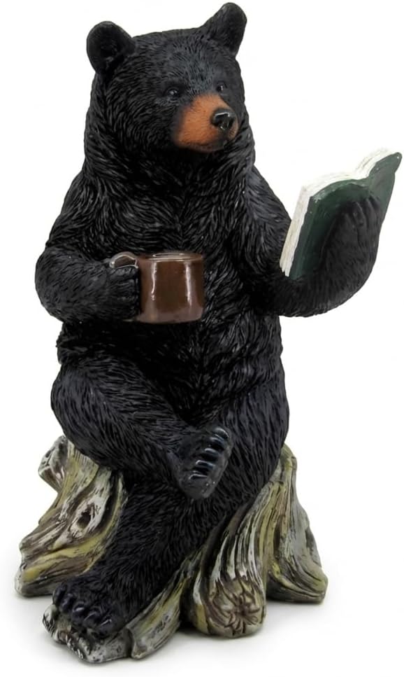 The Bridge Collection Black Bear Reading a Book Figurine Rustic Cabin Decor | Hand-Painted Animal Reading & Holding Cofee Statue for Cabin, Lodge, Home or Garden - Indoor or Outdoor