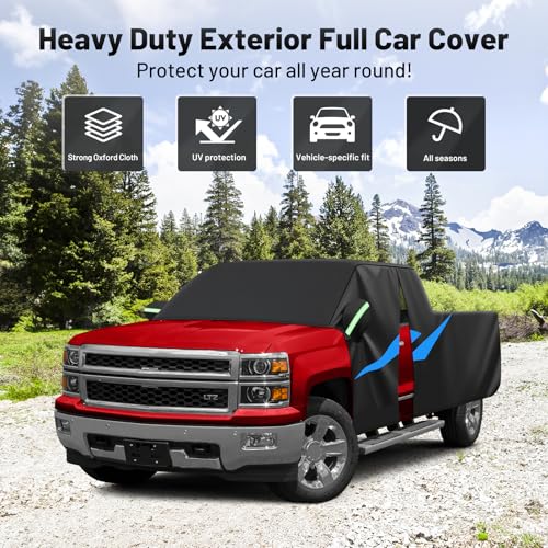Image of 420D Car Cover Fits for RAM 1500 Limited Crew Cab 2019 /Silverado 2500 AWD 2015 /Sierra 1500 2011All Weather Truck Car Covers with Zipper Door & Reflective Safety Strips,Sun Rain Snow Dust Uv Protection