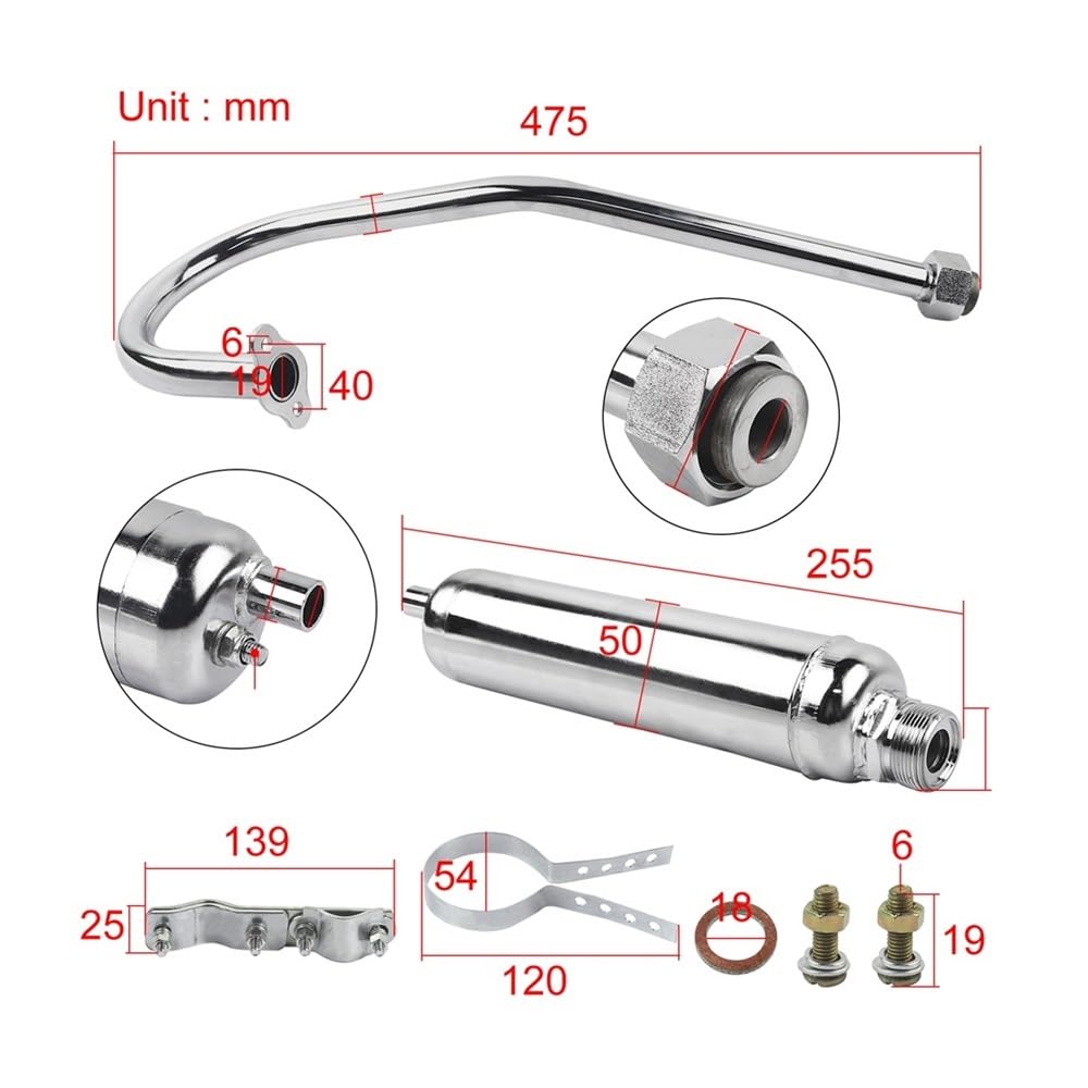 Motorrad Auspuffrohr Schalldämpfer Motorisierter Fahrrad-Auspuffschalldämpfer Für 49cc 50cc 60cc 66cc 80cc 2-Takt-Motor, Fahrrad, Motorrad, Schalldämpfer, Silber