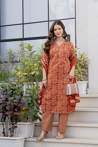 Image of Rangnavi Women's Pure Cotton Printed Straight Kurta with Pants and Dupatta Set | Ethnic Set | Suit Set | Kurta Set