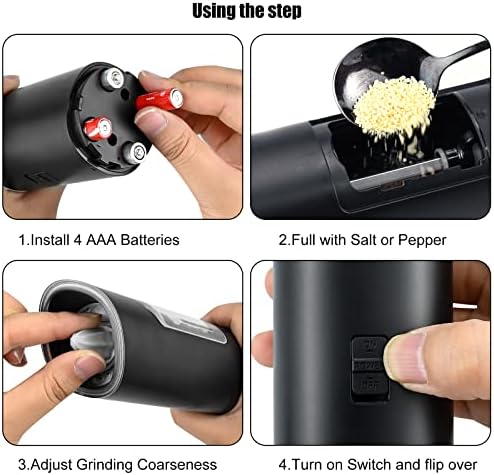 Electric Salt and Pepper Grinders Set, Gravity Salt Grinder, Adjustable 5 Pattern Coarseness from Ceramic Blades, Battery Operated Salt Pepper Mill with LED Light, , Easy Carry Grinder
