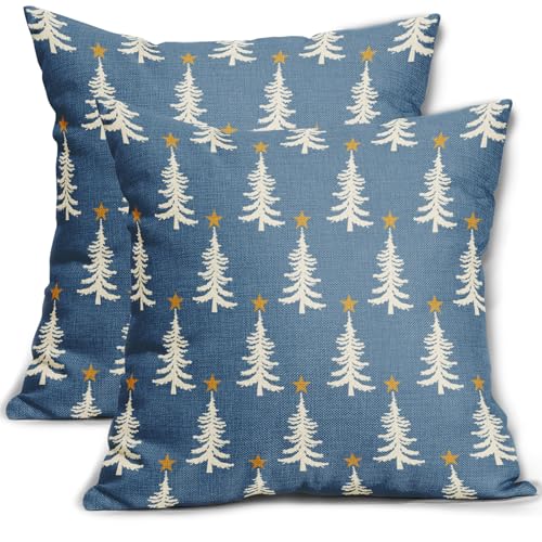 Light Blue Christmas Pillow Covers 16x16 Set of 2 Xmas Tree Star Rustic Winter Print Decorative Outdoor Pillowcases Farmhouse Vintage Holiday Decorations Throw Cushion Case Decor for Couch Sofa Bed