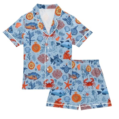 Blue Ocean Animal Pattern Pajamas Sets Short Sleeve Silk Stain Pjs Button Down Sleepwear for 5-14Y