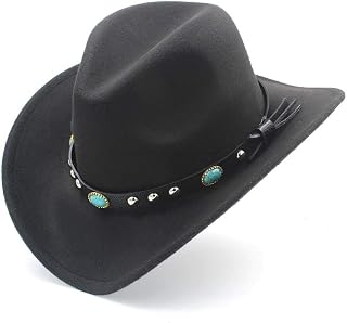 Moda Western Cowboy Hat con Roll Brim Outdoor Fieltro Cowgirl Up Sombrero Gorras Mujeres Hombres (Color: Negro Tamaño: 56 58Cm)