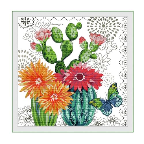 Image of Qeerysew Cross Stitch Kits Stamped Full Range of Embroidery Starter Kits for Beginners DIY- Printed Kits Prickly Pear Flower(Printed) 11CT18.9x18.9inches