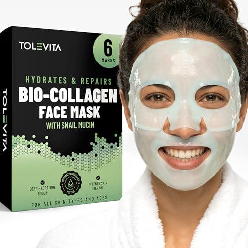 Image of TOLEVITA Snail Mucin Bio-Collagen Face Mask for Repair & Elasticity - 6 Pack, Overnight Hydrogel Mask for All Skin Types (Green)