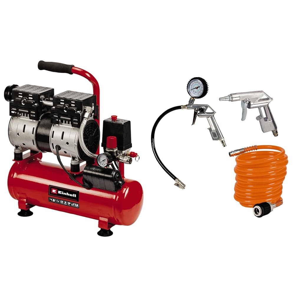 Einhell Sprężarka TE-AC 6 Silent 550 W, maks. 8 bar, zbiornik 6 l & Einhell 4132741 Zestaw Sprężonego Powietrza 0F 3