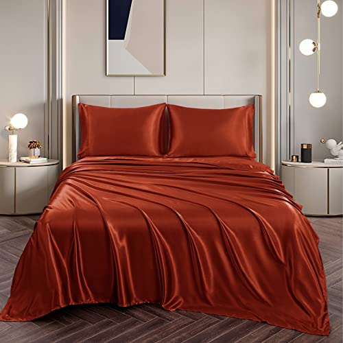 Vonty Satin Sheets Queen Silky Soft Satin Bed Sheets Rust Orange Satin Sheet Set, 1 Deep Pocket Fitted Sheet + 1 Flat Sheet + 2 Pillowcases #TOP3