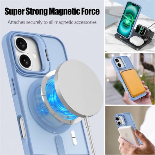 Image of Elzzi Kickstand Case for iPhone 16 Case Compatible with MagSafe, Built-in Adjustable Camera Guard Stand, Translucent Matte Anti-Fingerprint Heavy Duty Shockproof Phone Cover - Official Blue