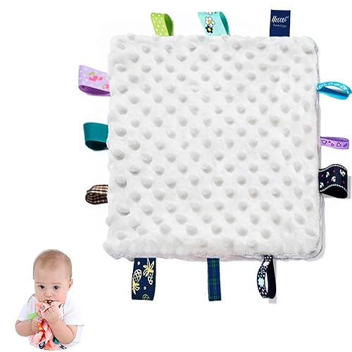 HECCEI Manta de seguridad para bebé con etiquetas de satén coloridas, mantas cuadradas de 10 x 10 pulgadas, manta sensorial de felpa, manta calmante