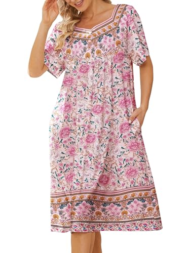 Image of House Dresses for Women with Pockets Mumu Dresses Short Sleeve Moo Moos for Women Nightgown Duster Lounge Dress S-3XL