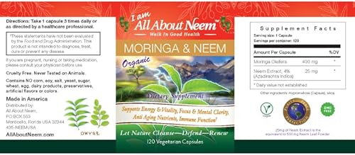 Miniatura 2 de Moringa orgánica de 400 mg y hojas de neem de 500 mg cápsulas  120 unidades  Nutrición desintoxicante y superalimentaria  Vegana, libre de crueldad,