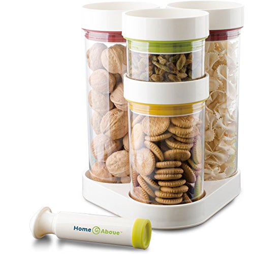 Home and Above 5 Piece Vacuum Food Container Set in Rotating Carousel with Vacuum Pump, Seals in Freshness, Saves Chips, Cookies and More for Weeks, Saves Space, Organizes Kitchen Clutter