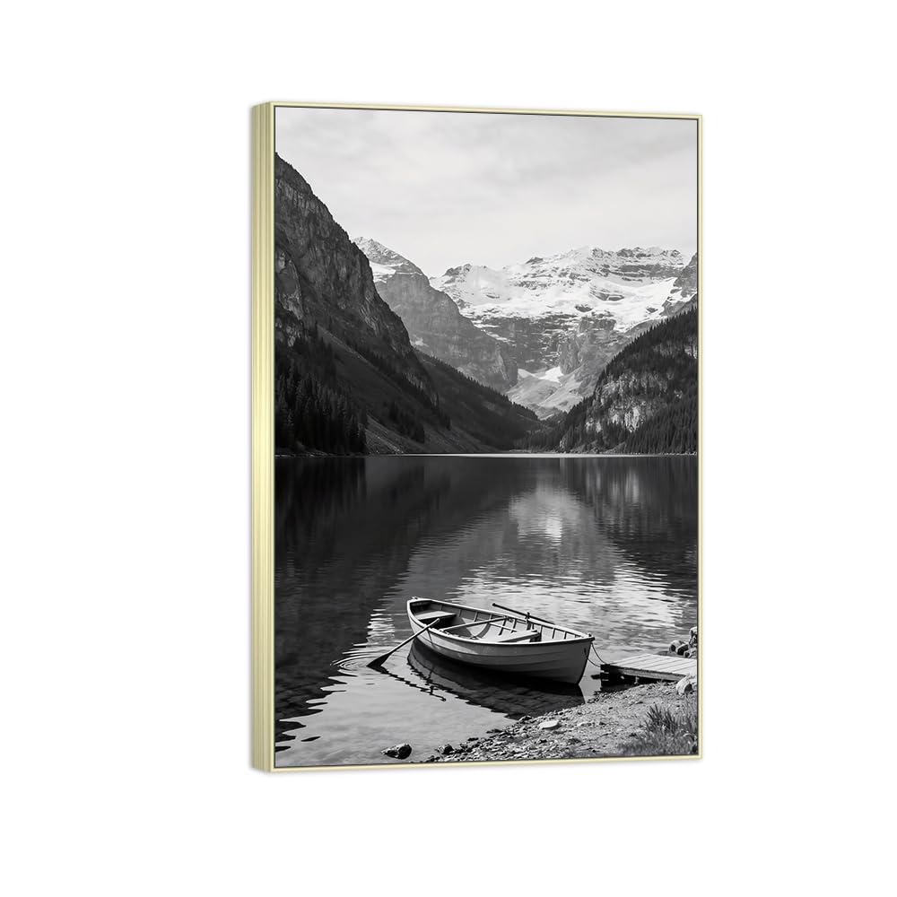 OZPWBVY Lake Boat Black White Landscape Canvas Picture 40x60cm Silver Frame