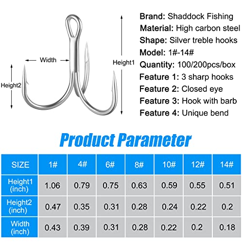 Image of Treble Fishing Hook Strong Round Bend Treble Hooks 100PCS-200PCS Wide Gap High Carbon Steel Hooks for Lures Baits Size 4#-14#