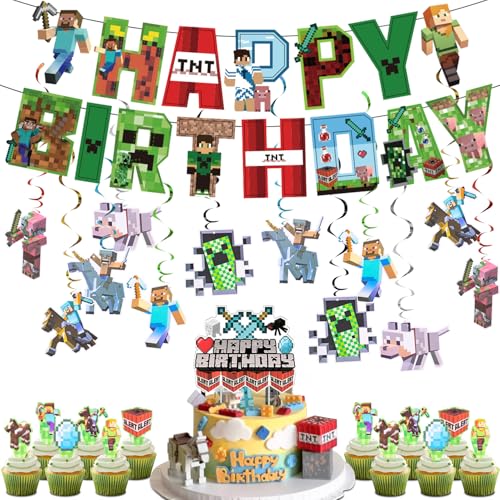 Fzyisw Gamer Birthday Decorations, Pixel Cake Toppers with Happy Birthday Banner, Hanging Swirls and Party Decorations – Gamer Theme Supplies for Kids Gaming Party Fzyisw Gamer Birthday Decorations, Pixel Cake Toppers with Happy Birthday Banner, Hanging Swirls and Party Decorations – Gamer Theme Supplies for Kids Gaming Party