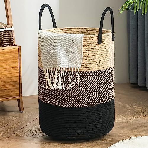 Image of Cotton Rope Laundry Basket with Handles,Large Round Woven Storage Basket for Clothes,Blankets,Towels&Toys,Multipurpose Home Organizer Basket for Bedroom(Black Brown,Small (35L)(10 inchX10 inchX10 inch)