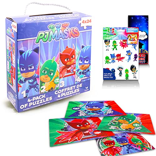 PJ Masks Kids 24 Pc Puzzle 4 Pack ~ Bundle with PJ Masks Jigsaw Puzzle Set for Kids, Toddlers Ages 3-5 and 4-8, PJ Masks Pop Up Stickers and Door Hanger , pj masks activity set, pj masks gifts