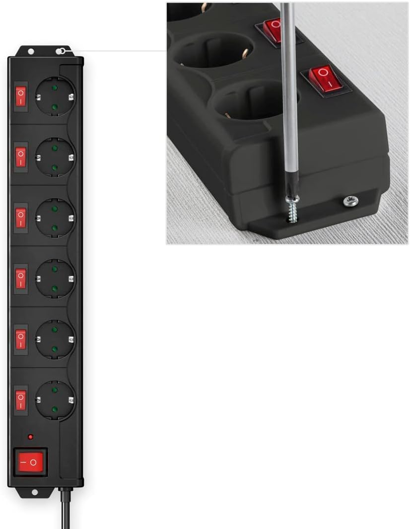 Hama - 6-way earthed plug, grounded plug, 1.4 m cable, with general on/off switch and control for each individual socket, wall mounting