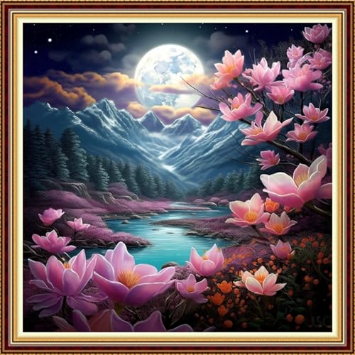 Image of Funchey Stamped Cross Stitch Kits, DIY Cross Stitch Pattern for Adults Beginners Needlepoint Kits Embroidery Kit Arts and Crafts 11CT-Moonlight Scenery 18x18 inch
