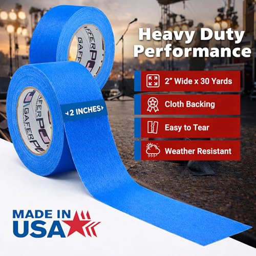 Image of Gaffer Power Electric Blue Gaffer Tape 2 inch x 30 Yards - No Residue, Made in USA, Professional Grade, Non-Reflective Matte Cloth Tape for Stage, Photography & Cable Management