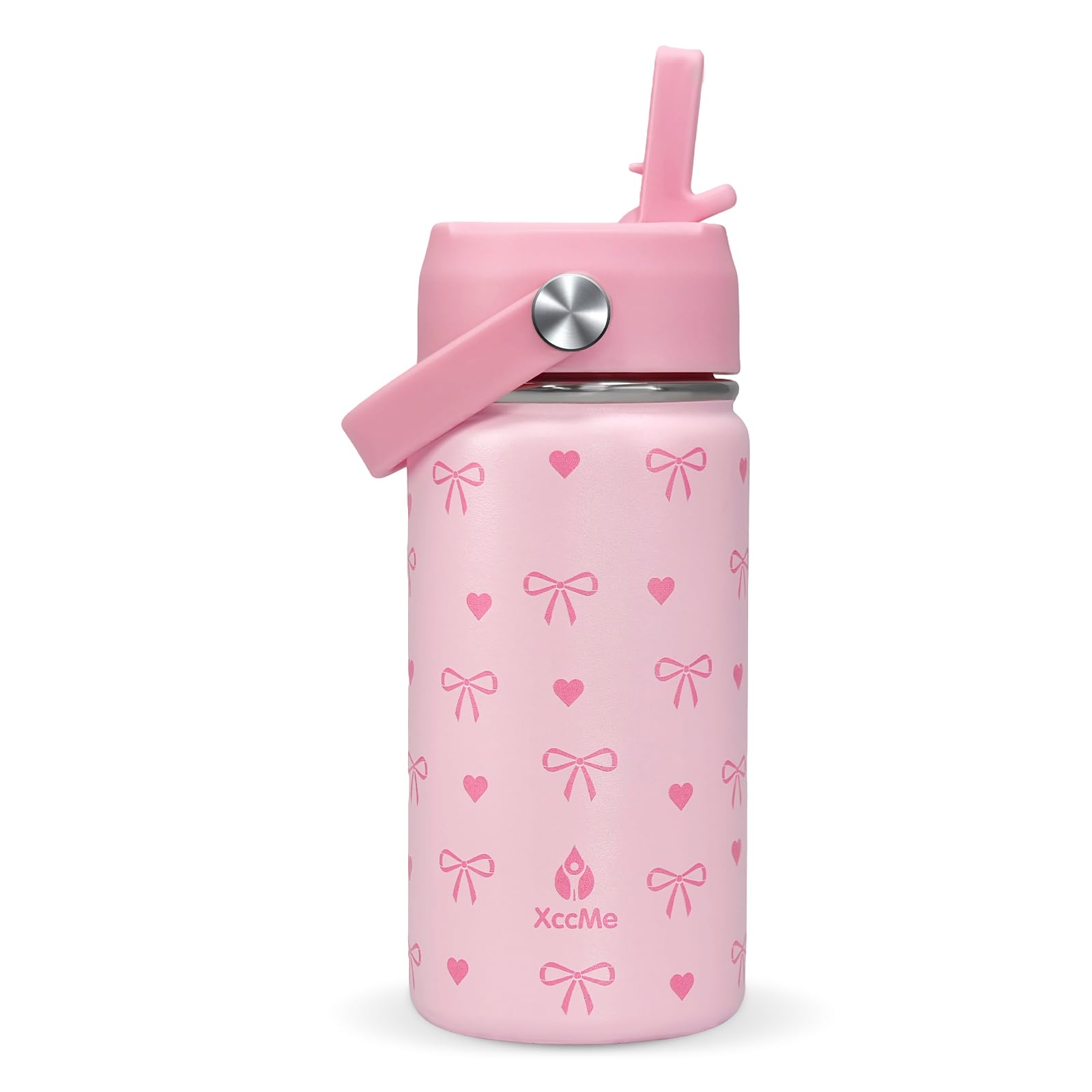 Kids Water Bottle With Straw Lid Pink Bow 14 oz Stainless Steel Travel Bottle Double Wall Leak Proof