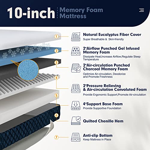 Giantex 10 Inch Full Size Mattress, Gel Memory Foam Mattress W/Jacquard Fiber Cover, Roll-Up Mattress In A Box For Cool Sleep, Fatigue Relief & Motion Isolation, Certipur-Us Certified #TOP2