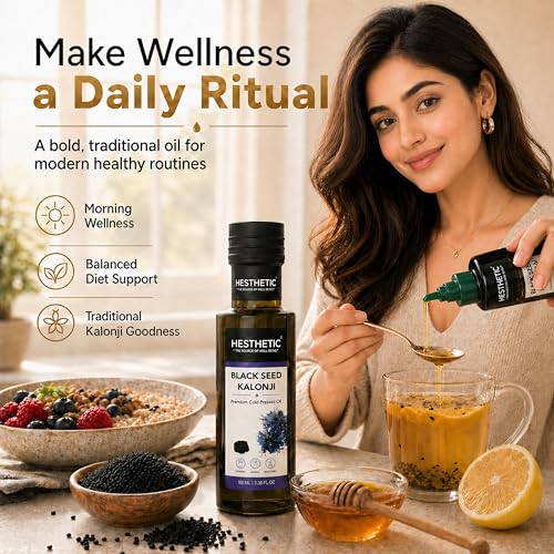 Image of HESTHETIC Cold Pressed Black Seed Oil 100ml | Pure Kalonji (Mangraila Tel) Edible Virgin Oil | High-Thymoquinone Food-Grade Nigella Sativa for Cooking, Salad & Daily Wellness | Glass Bottle