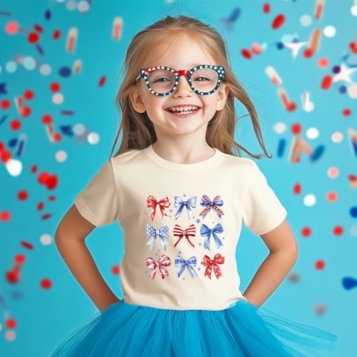 Image of Girl American Flag Shirts Bow Tshirt 4th of July Shirt Cotton Short Sleeve Tees 2-12 Years
