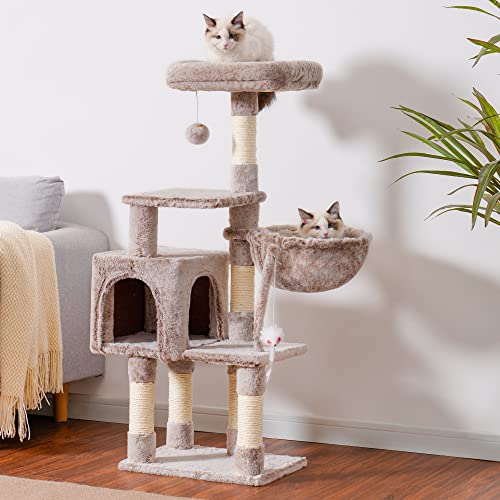 Image of Heybly Cat Tree with Toy, 43.3 inch Cat Tower for Indoor Cats HCT004SMU | Cat Condo with Durable Sisal Scratching Posts, Cat House with Padded Plush Perch, Cozy Hammock, Rosy Brown