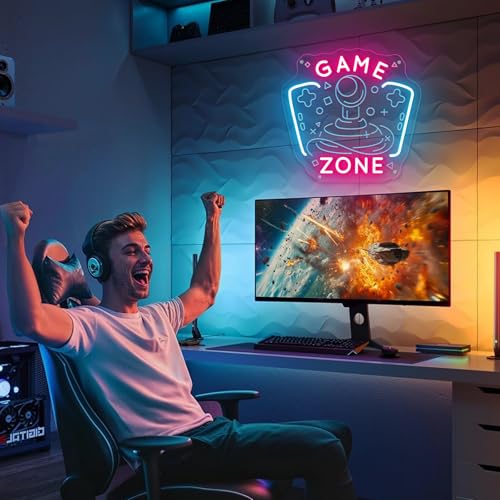 Image of Game Zone Neon Sign Game Room Neon Sign Gaming Zone LED Neon Light Gamer Wall Decor Light up Signs for Man Cave Bedroom Party Decoration Ideal Chritmas Gifts for Boys