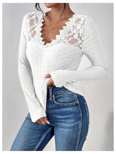 SOLY HUX Women's Lace Trim Tee Shirt Long Sleeve Eyelet Tops Casual V Neck Slim Fit Shirts Fall Outfit Clothes3