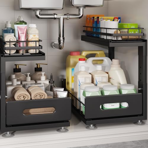 Image of Under Sink Organizer Upgrade To Professional Rails,2-Tier Dual Pull Out Cabinet Storage,Height Adjustable Slide Out Drawers For Bathroom Kitchen,2 Pack-14.5 inch Dx12.8-16.9 inch H,Black