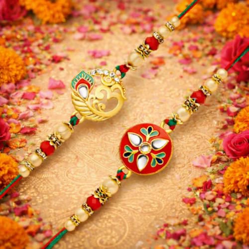 Image of Riddhika Ventures Glorious Gold Plated Auspicious Diamond Ring Rakhi || Traditional Rakhi Set of 2 & Festive Gift || Rakhi Gift Combo for Brother (P9P10K)