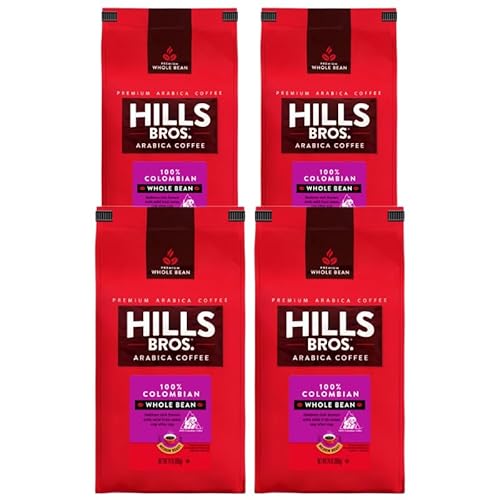 Hills Bros. Colombian Whole Bean Coffee – Rich and Bold Premium Arabica Coffee Beans – Orthodox Union Kosher – Medium Roast, Fresh Grind for Best Aroma & Taste – Colombian, 4 Packs of 24oz