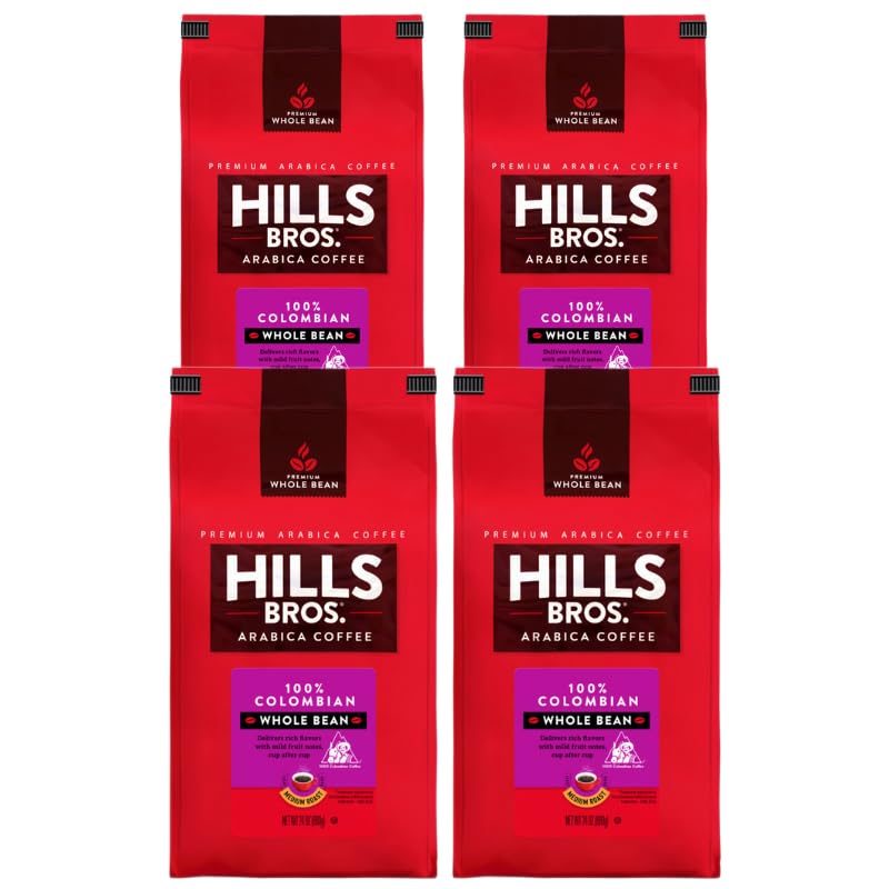 Hills Bros. Colombian Whole Bean Coffee – Rich and Bold Premium Arabica Coffee Beans – Orthodox Union Kosher – Medium Roast, Fresh Grind for Best Aroma & Taste – Colombian, 4 Packs of 24oz