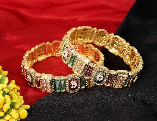 Image of NMII Royal Golden Metal Bangles Set For Women & Girls with Zircon Diamond Stone | Traditional Gold Plated Kangan Set | Fancy Women's Fashion Jewellery Bangles | Wedding, Party, Festive- Set of 2