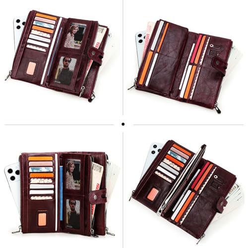 Women’s RFID Blocking Leather Wallet Trifold Clutch with Zipper Snap Button, 18 Card Slots, Phone Compartment, Coin Pocket Durable Organizer (Black)4