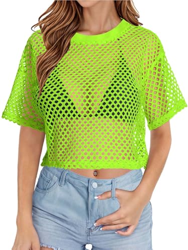 Women's Mesh Top Fishnet T Shirts Sheer Loose Short Sleeve See Through Crop Tops