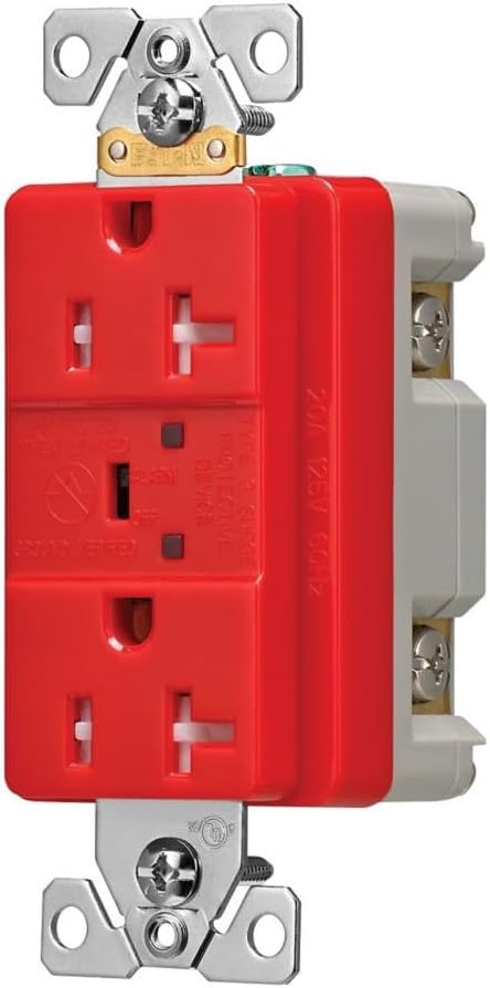 Eaton TR5362RDS Surge Protection Duplex Receptacle, TVSS, Tamper Resistant, Red, 20 Amp, 125V, 560 Joules, Red Thermoplastic, 2 Pole, 3-Wire Grounding, LED Indicator and Audible Alarm