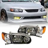 XIJIE - For 2001 2002 Toyota Corolla Halogen Set w/Corner Signal Headlights Headlamps Assembly Amber Reflector Black Housing Driver Left Side Passenger Right Side